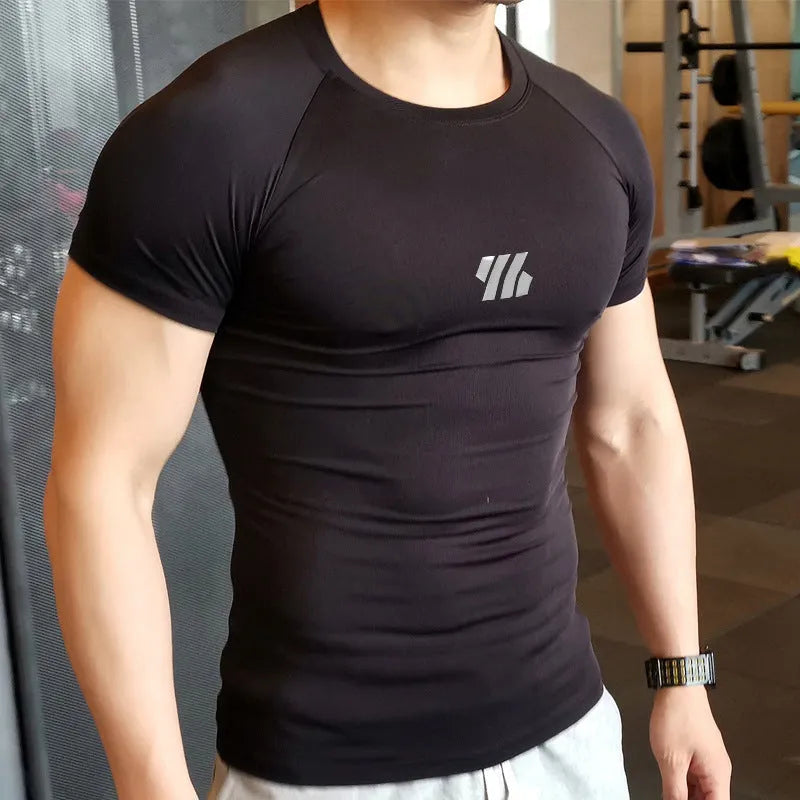 Men's quick-drying compressed sports top in solid colour, available in black white light pink navy blue, sizes M to 3XL