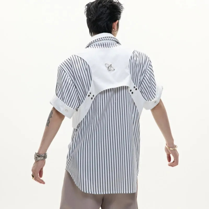 Men's black and white striped cotton shirt with double collar lapel design and short sleeves