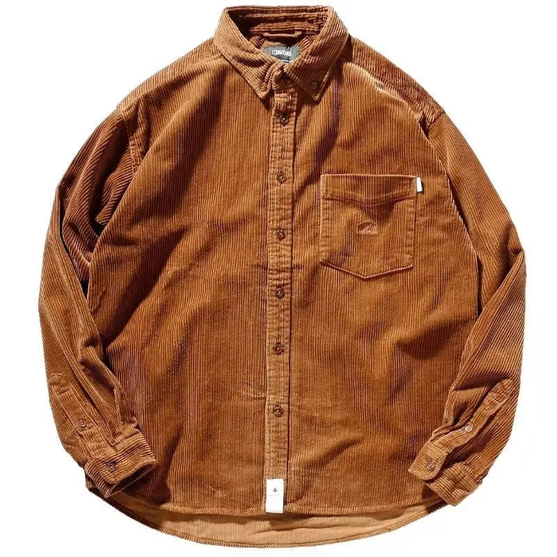 Caramel loose-fit corduroy long sleeve shirt with Hong Kong style collar.