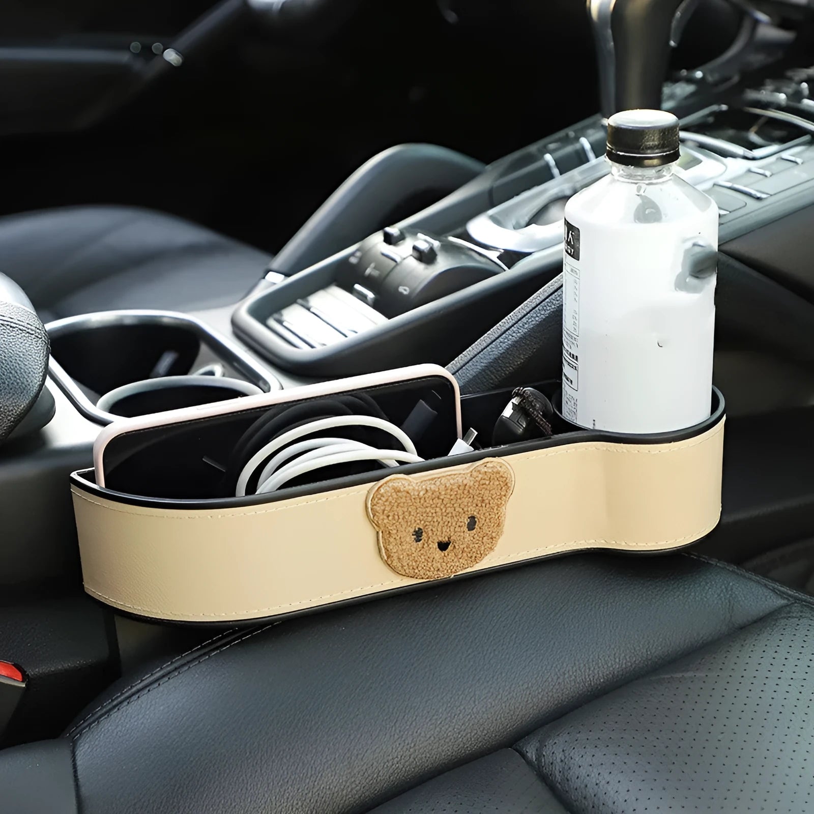 Car seat gap storage box with cartoon bear design made from leather