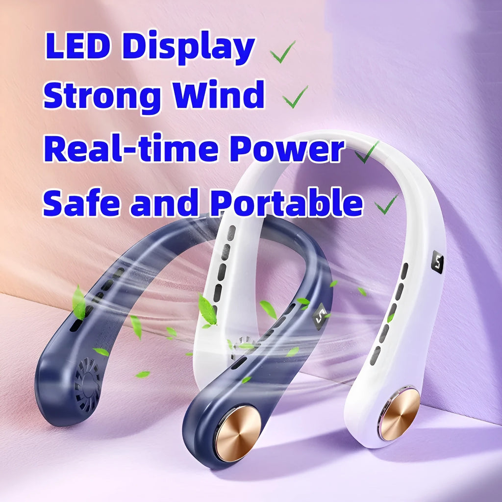 White bladeless neck fan hanging around neck with digital display showing cooling settings
