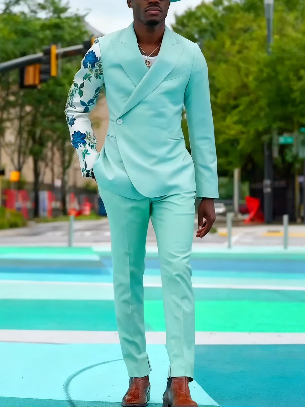 Mint green double-breasted suit set with floral print sleeve blazer and ankle-length pants