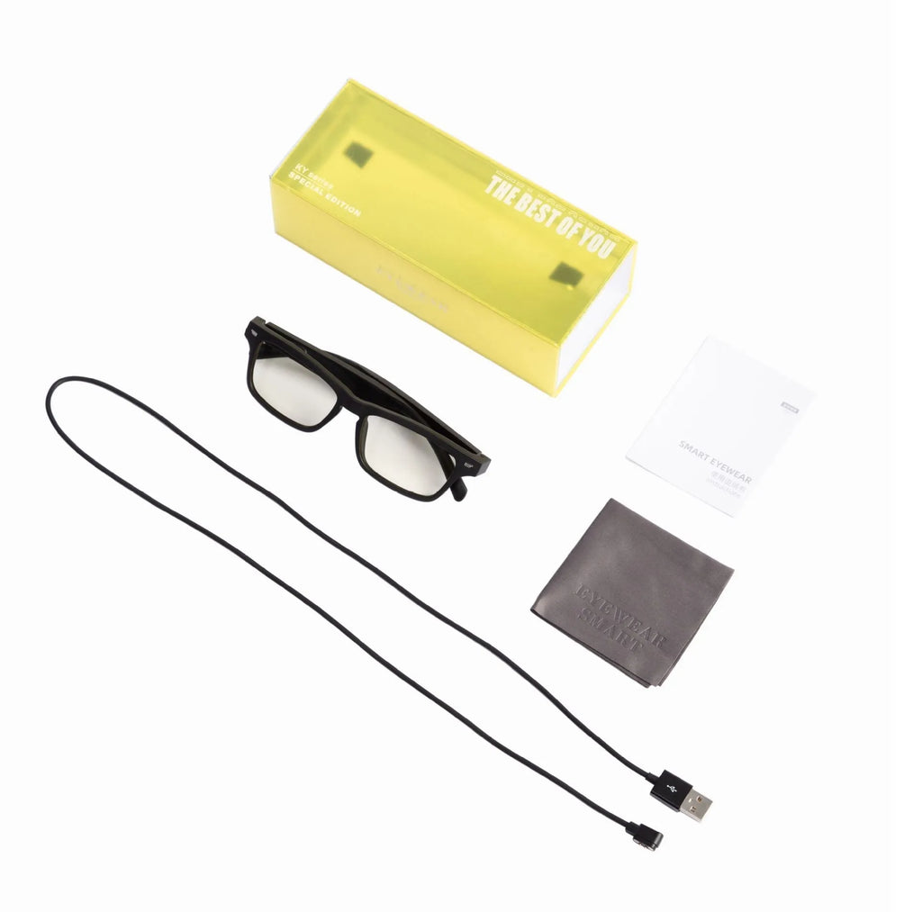 Semi-open Bluetooth smart glasses with PC+ABS frame and anti-blue light lenses on a black background.