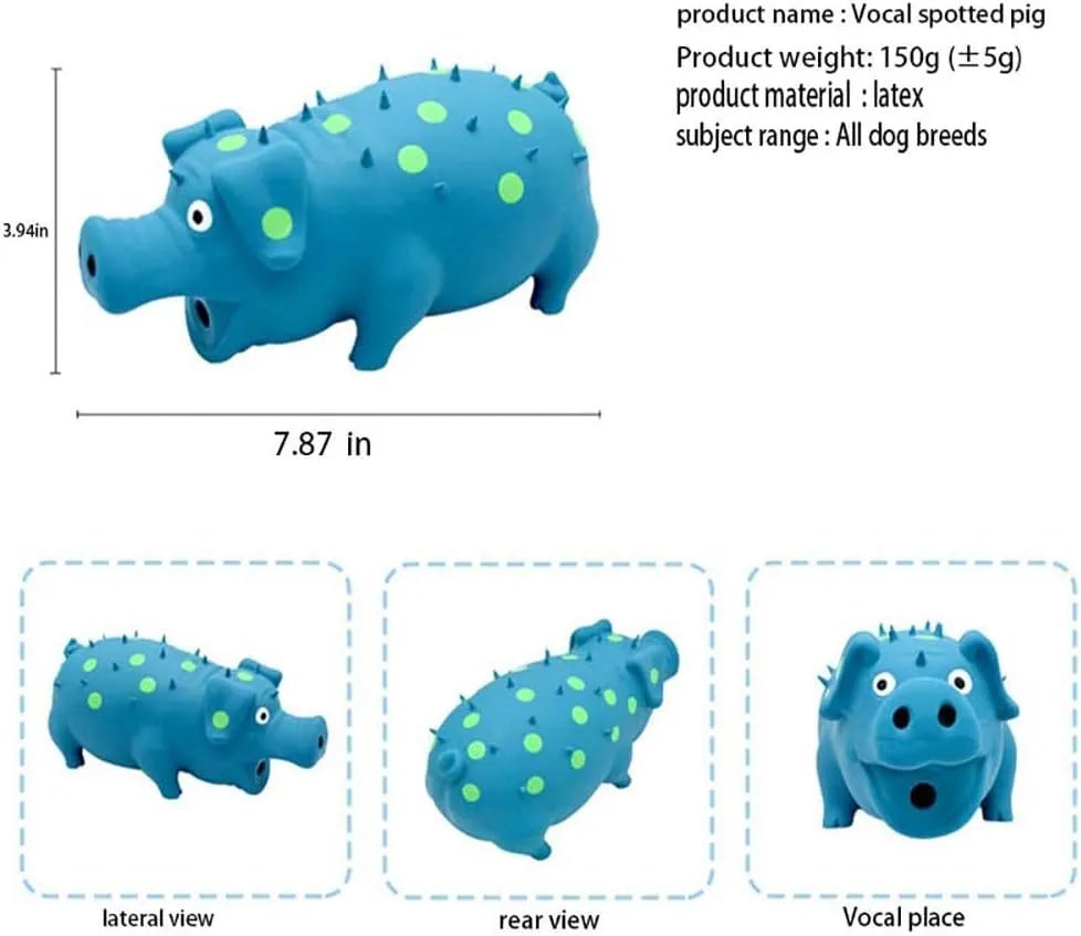 Pig-shaped latex dog chew toy with protuberant grain surface and squeaker, shown in assorted colours