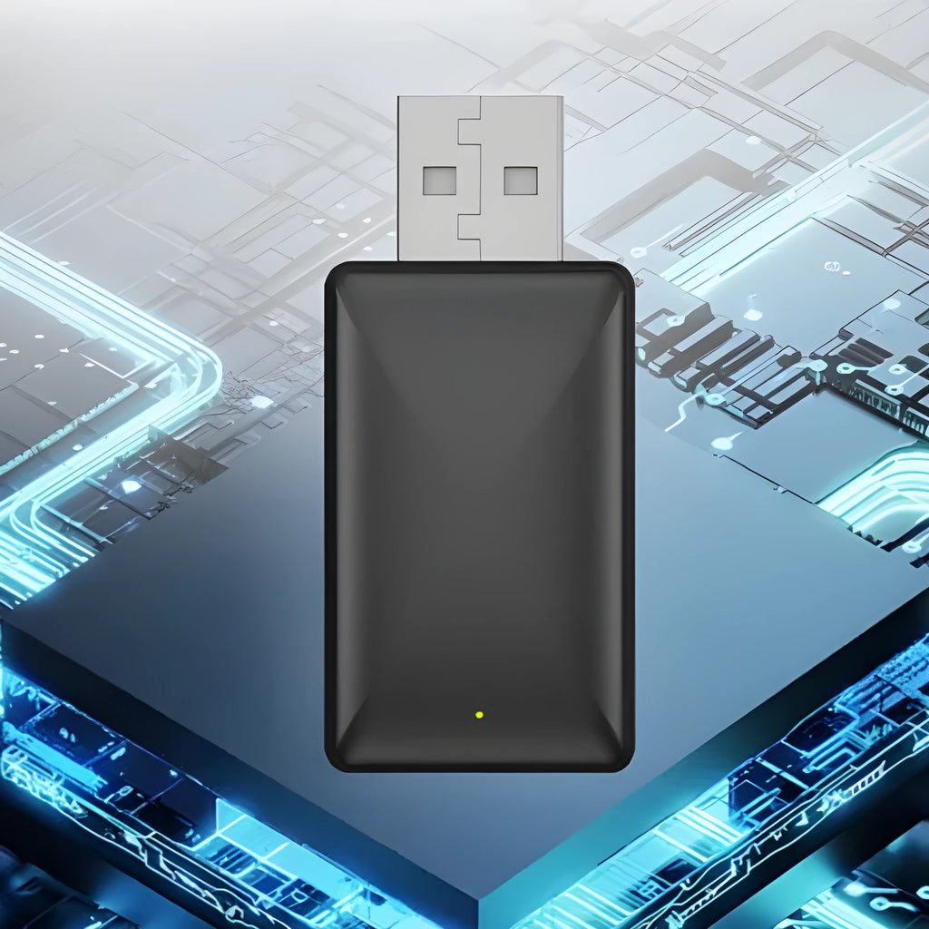Black 2-in-1 wireless car adapter with USB interface