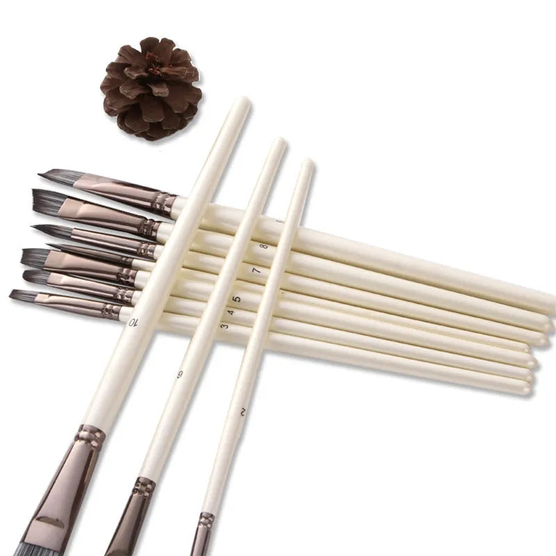 Set of 10 pearl white nylon paintbrushes with wooden handles for oil painting.