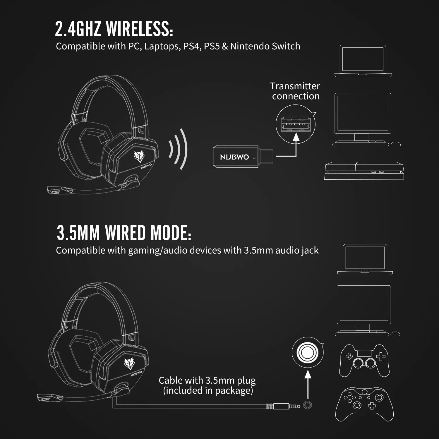 Black orange wireless gaming headset with hybrid 2.4GHz and Bluetooth connectivity and head-mounted design