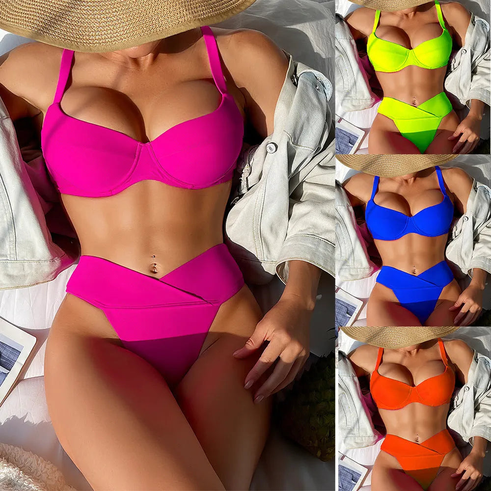 Women's solid colour bikini swimsuit in fluorescent pink, green, blue, orange or black with brief style