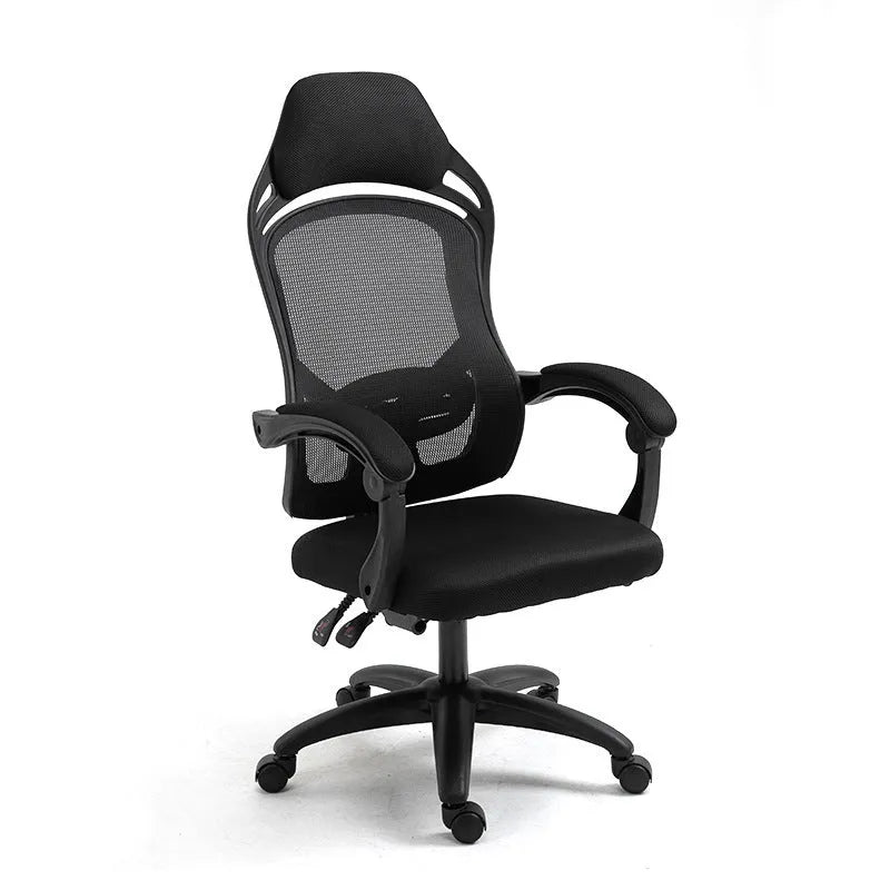 Ergonomic black computer gaming chair with linkage armrests and adjustable height mechanism