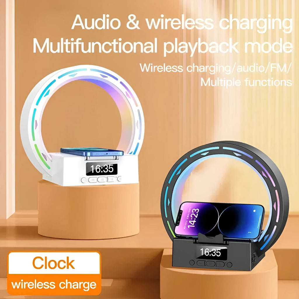 White multifunction Bluetooth speaker with wireless charging pad, digital clock display, and bedside lamp features