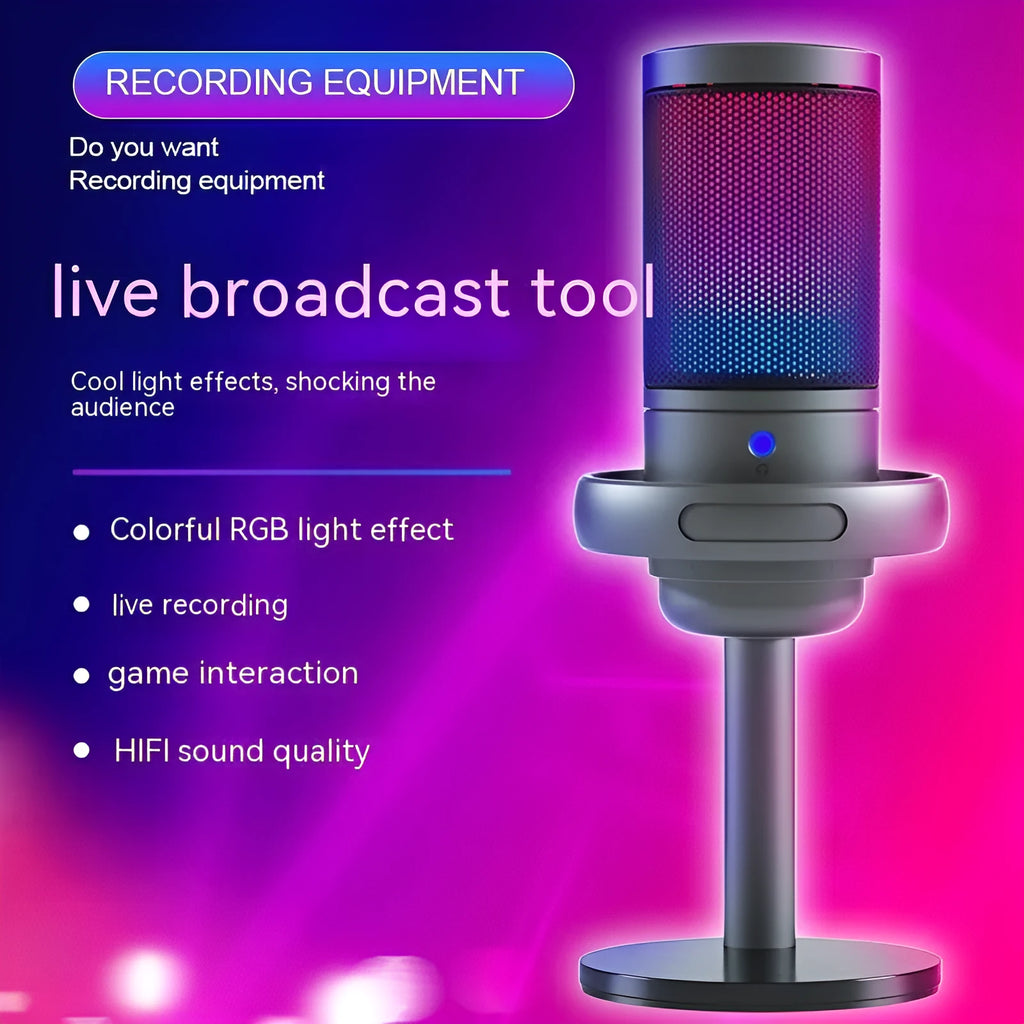 RGB USB condenser microphone for computer recording and live streaming in black, white, or pink
