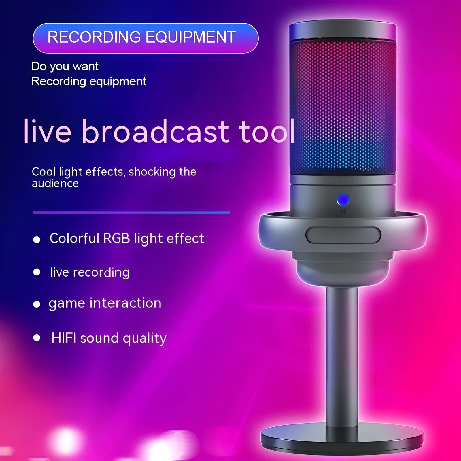 RGB USB condenser microphone for computer recording and live streaming in black, white, or pink
