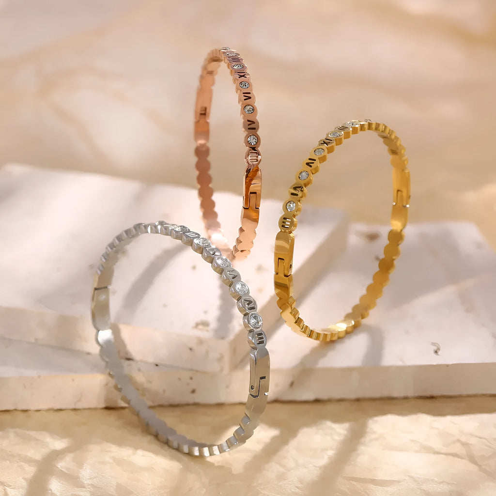 Korean style titanium steel bracelet with number elements in gold, rose gold, and steel colour options