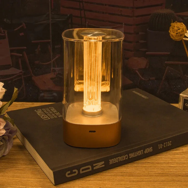 USB rechargeable LED touch atmosphere lamp in rose gold finish with abstract patterned shade
