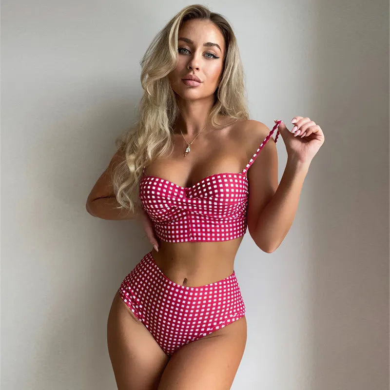 Women's plaid high-waist bikini swimsuit in rose red with polyester lining