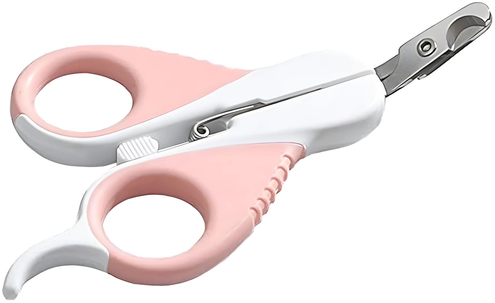 Grey and pink cat nail clippers with safety guard and angled stainless steel blade for small pet grooming