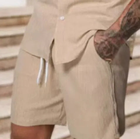 Men's polyester casual suit set with short sleeve shirt and matching shorts in street style