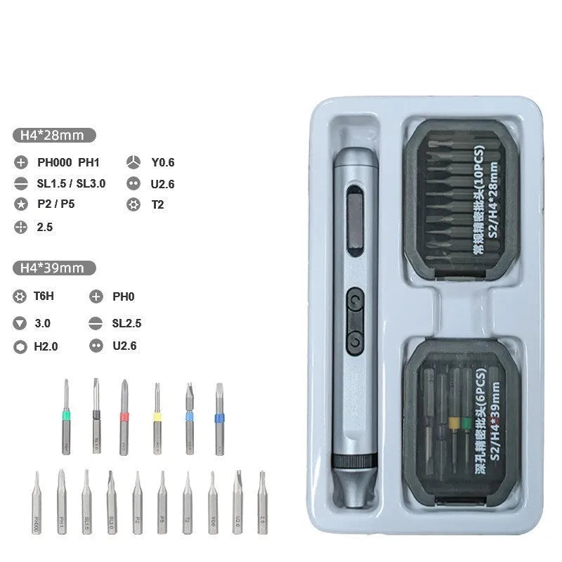 Compact aluminium electric screwdriver with precision bits for DIY and electronics repair.