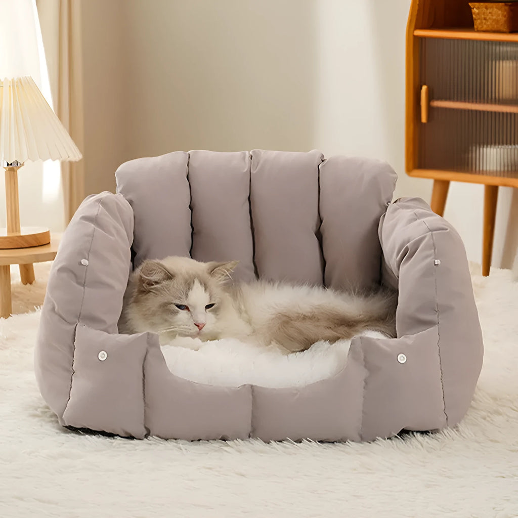 Grey and green dual-purpose arched pet bed shown as an enclosed cat nest and an open sofa bed for cats and dogs.