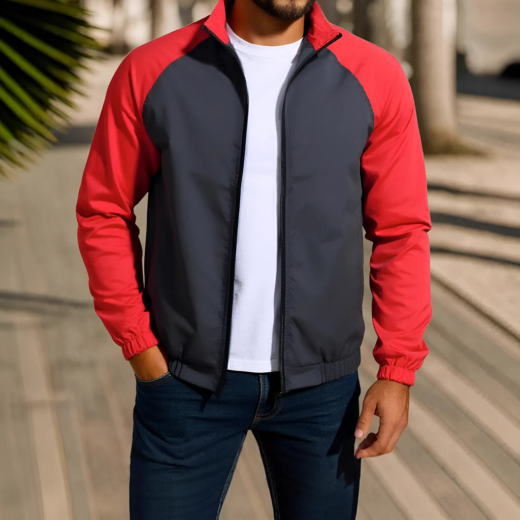 Men's green casual coat jacket with a stand collar and raglan sleeves on a hanger