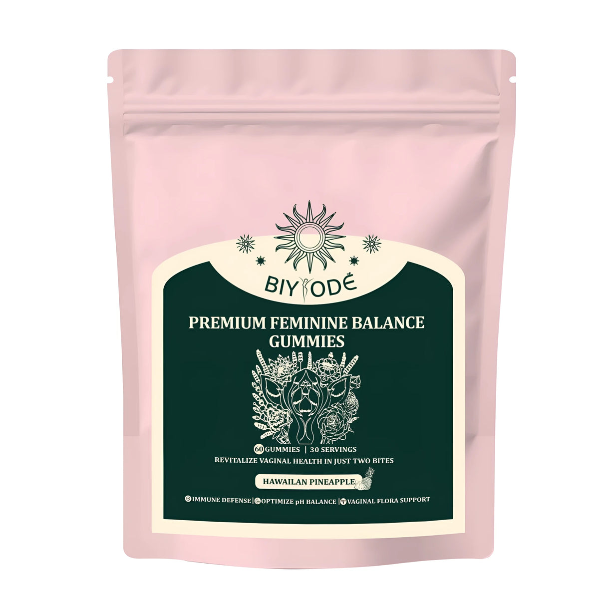 Feminine balance gummies with pineapple fruit powder and vitamin C, 60 gummies per bag, biyode brand