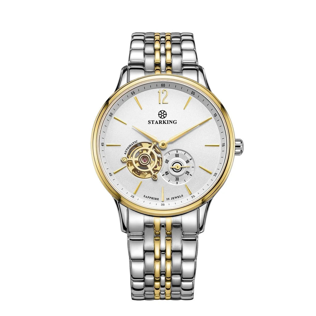 Men's automatic waterproof business watch with brown leather strap and stainless steel case