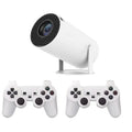 Barrel X10 PLUS white portable smart projector with gamepad and remote control on table