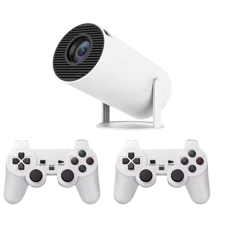 Barrel X10 PLUS white portable smart projector with gamepad and remote control on table