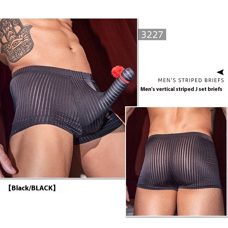 Men's black striped boxer briefs made from high elastic nylon fabric.
