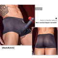 Men's black striped boxer briefs made from high elastic nylon fabric.