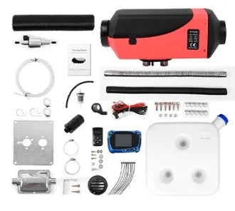 12V and 24V diesel air heater unit with fuel tank, pipes, and installation components for vehicle cabin heating.