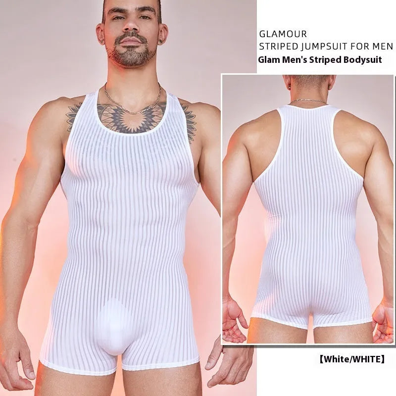 Men's striped nylon jumpsuit in black, white or dark grey with vertical pattern