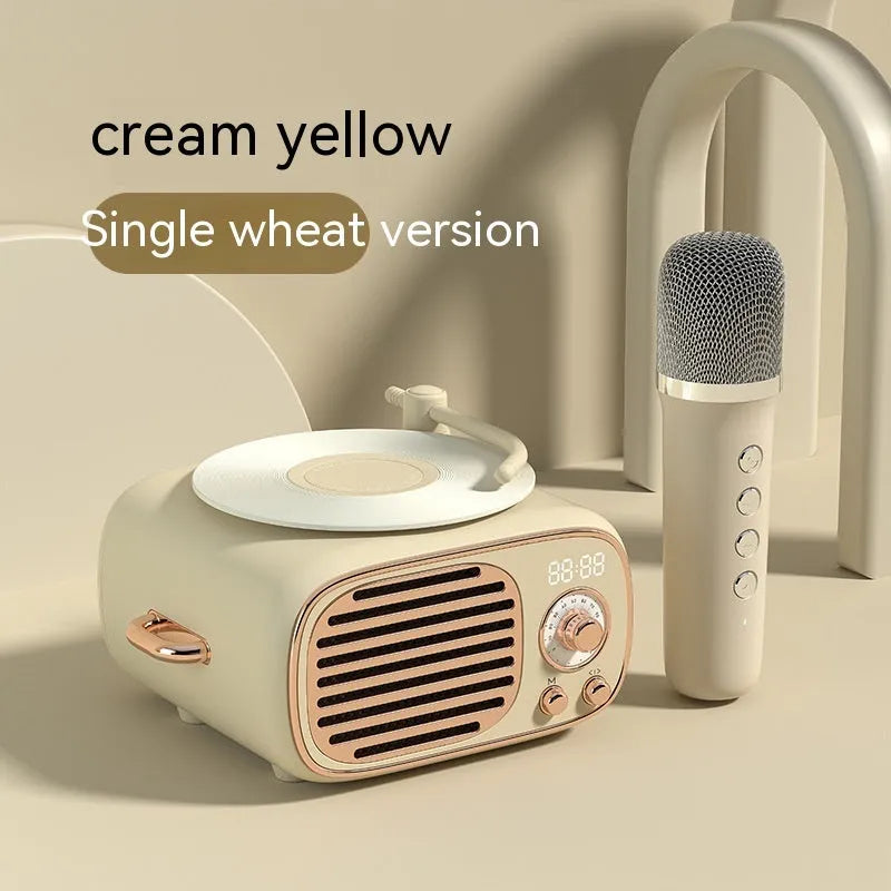 Retro multi-function Bluetooth microphone stereo in transparent green with compact 85x95x55mm design and alarm clock display