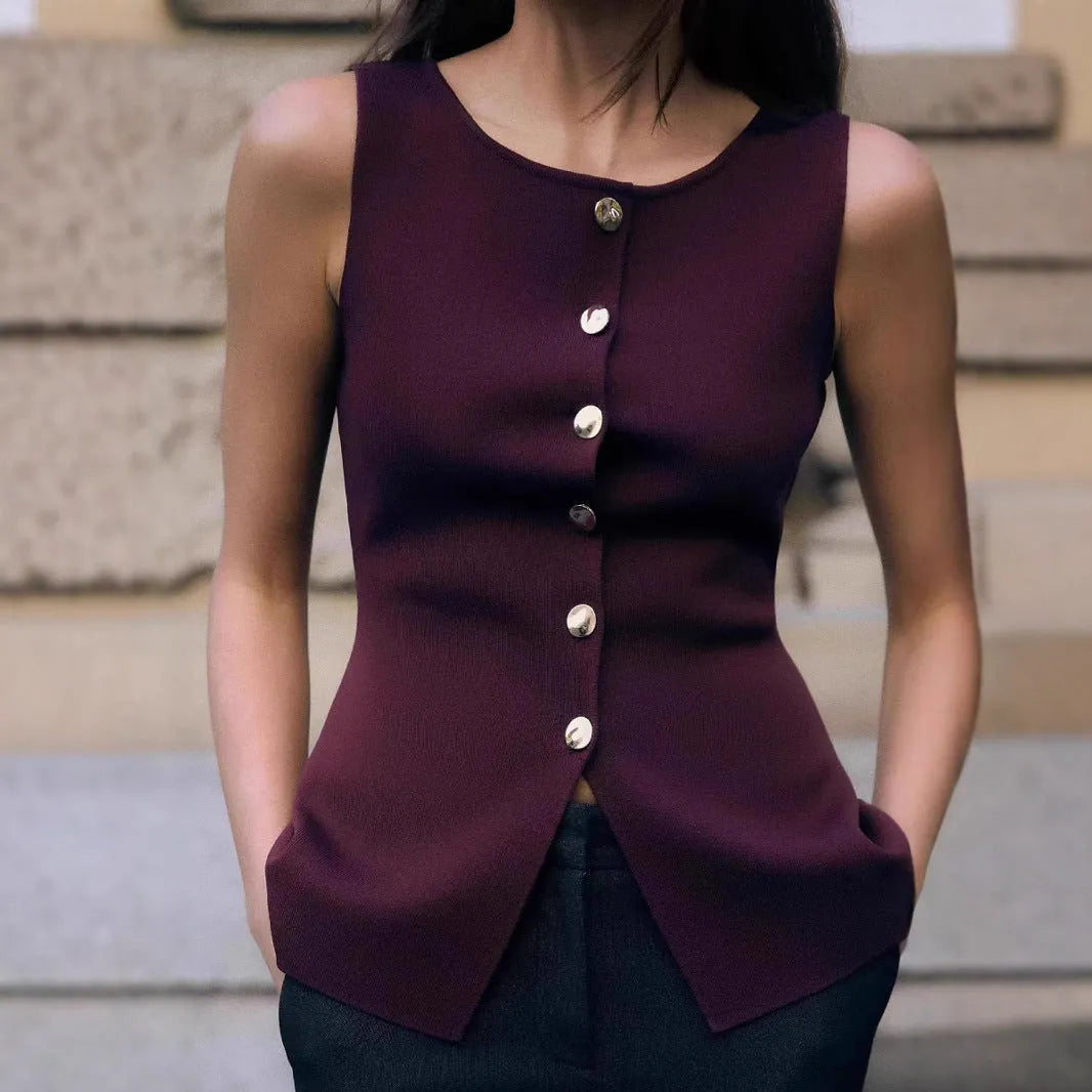 Dark red slim fit sweater vest with gold buttons and 3D patterns, sleeveless cardigan design