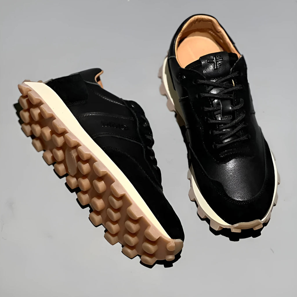 Mens lace-up leather sports shoes with thick rubber foam sole and heightening heel, black or white, sizes 38-43
