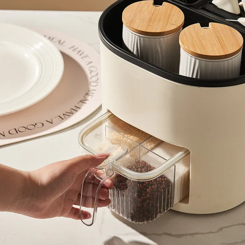 Rotating kitchen storage holder with four compartments for utensils and spices