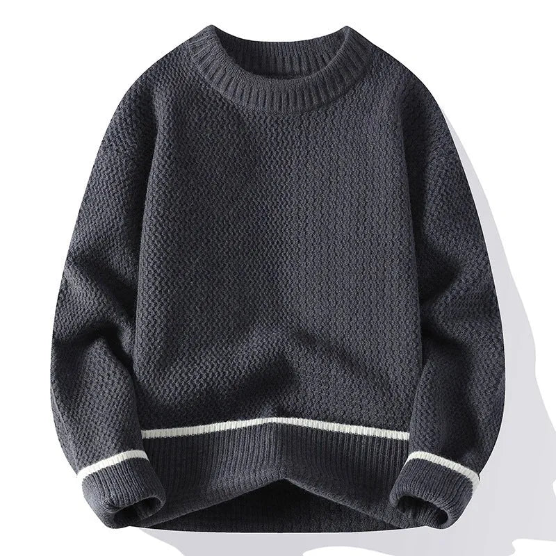 Men's loose fit round neck pullover sweater in grey, shown on a model