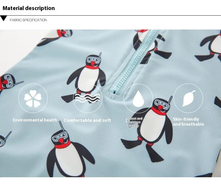 Boy's long sleeve penguin print swimsuit and matching swim cap set on a white background
