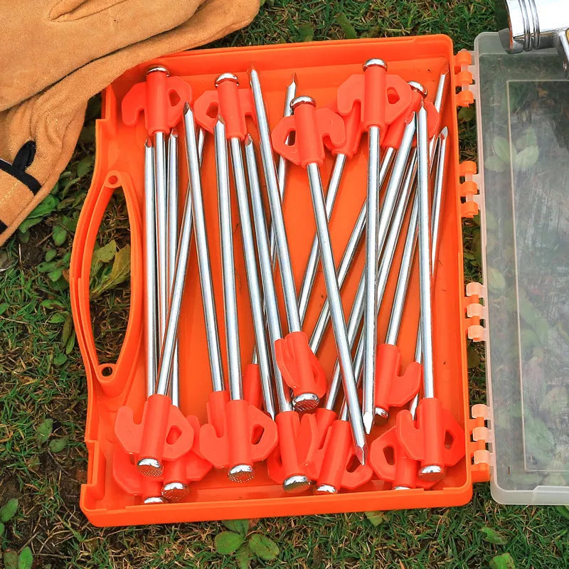 Boxed orange tent nail with small flat plastic head, 6.5 x 20.5mm camping ground stake