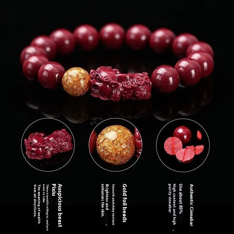 Purple gold sandstone cinnabar bracelet with polished beads and totem design on wrist
