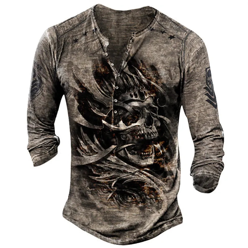 Printed men's street long-sleeved sports T-shirt with round neck in imitation cotton 60% cotton blend