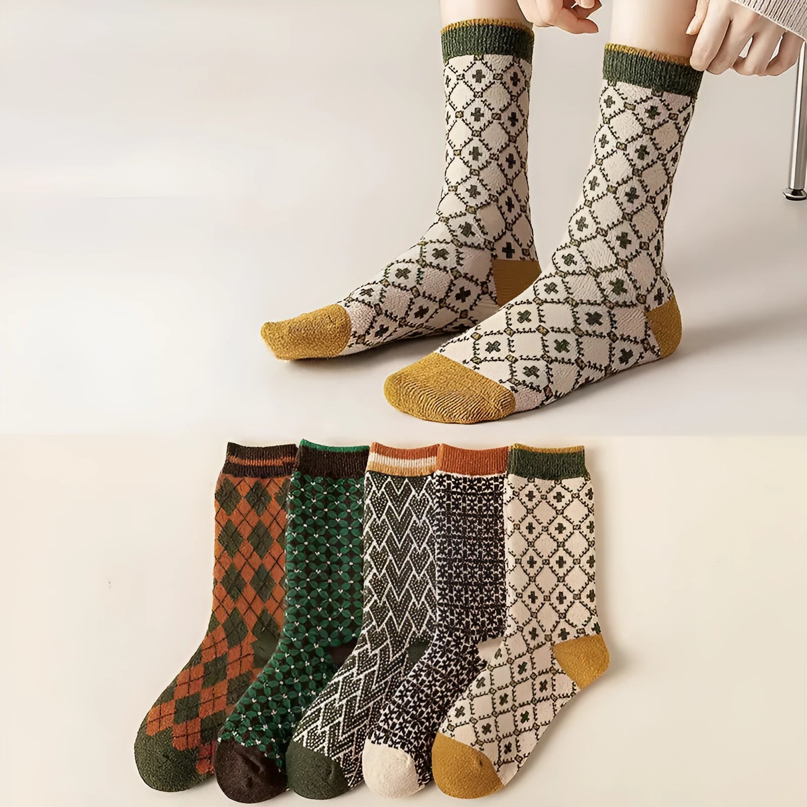 Women's mid-calf pure cotton double-knit retro ripple socks in mixed colours, autumn stack socks