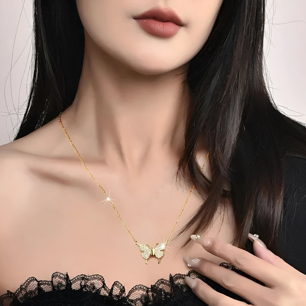 Women's titanium steel clavicle chain with magnetic snap butterfly pendant in gold or silver finish