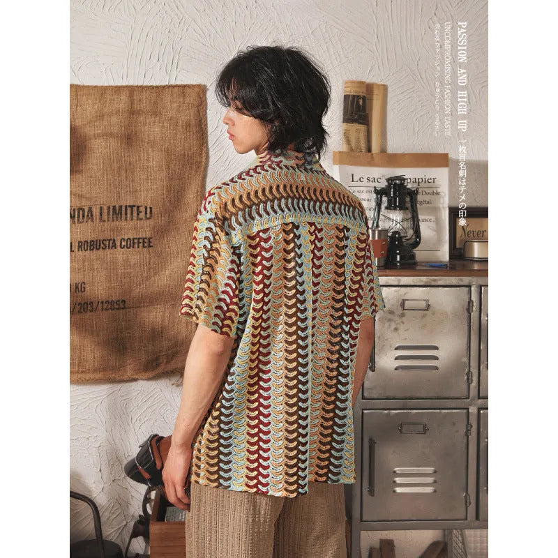 Japanese style Cuban collar mens short sleeve shirt with hollow jacquard pattern in grey or red colour
