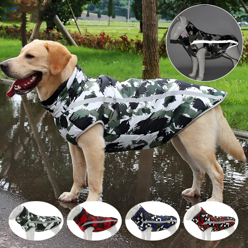Warm cotton padded dog jacket in polyester and PP cotton, available in black white, red, and grid colours, sizes S to 6XL.