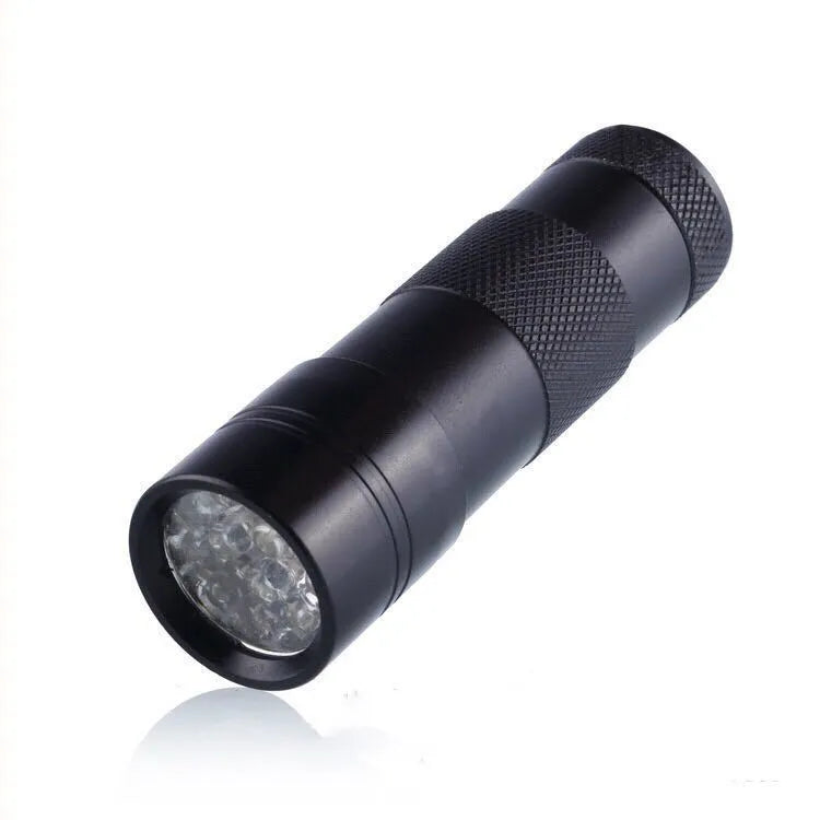 Handheld portable purple light detection LED flashlight with aluminium alloy body, 3W power, 12LED option, on a plain background