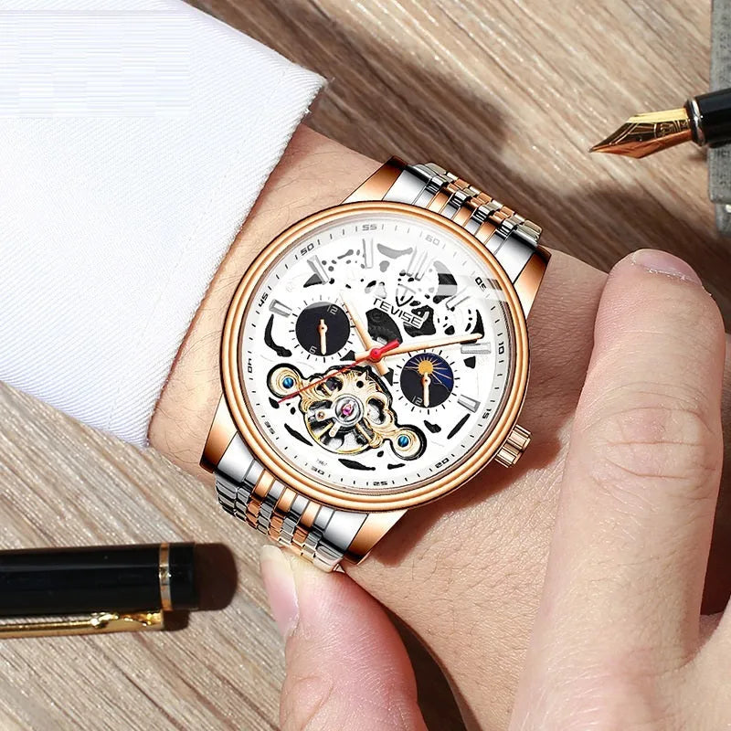 Men's black mechanical watch with tourbillon, luminous hands on a metal bracelet.