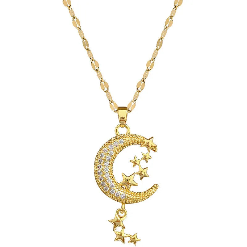 Stainless steel necklace with a copper moon pendant featuring a full diamond pattern design.
