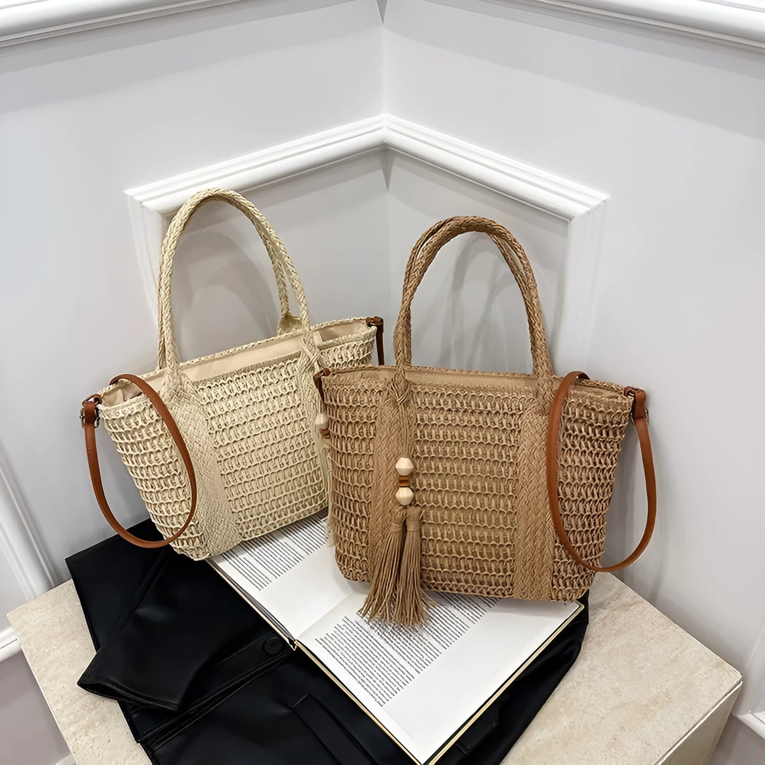 Women's woven straw crossbody shoulder bag in milky white colour with large capacity design