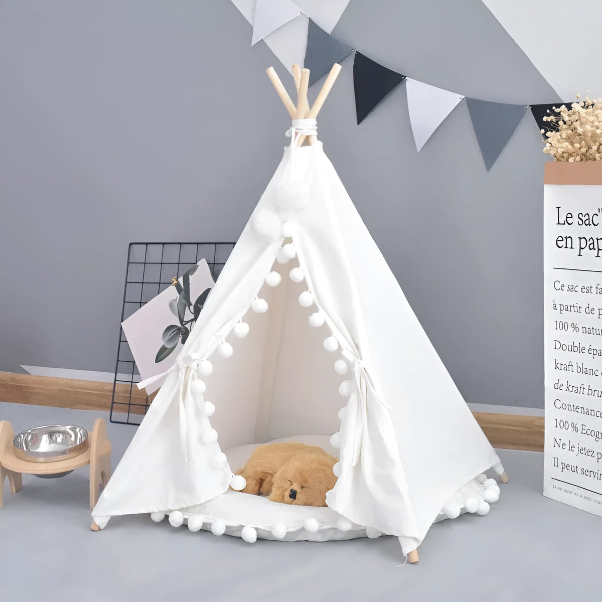 White cloth pet tent bed with pad for cats and dogs, removable and washable, medium or large size